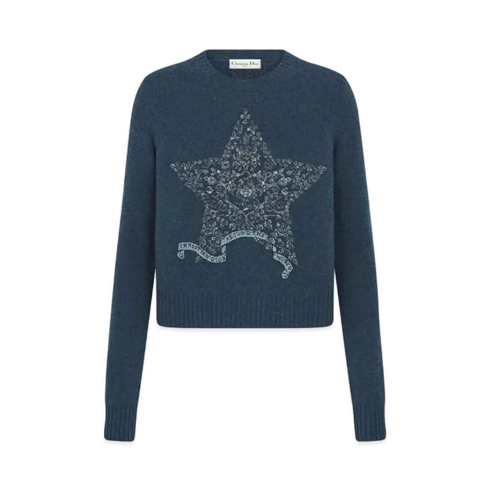 Dior Embroidered Sweater Cashmere Knit with Multicolor Dior Around the World Motif "Blue"