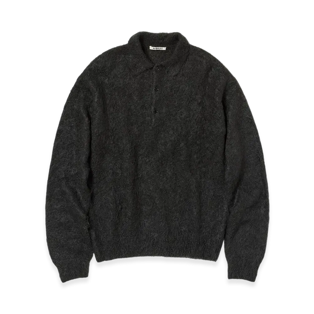 AURALEE Brushed Super Kid Mohair Knit Polo "Ink Black"
