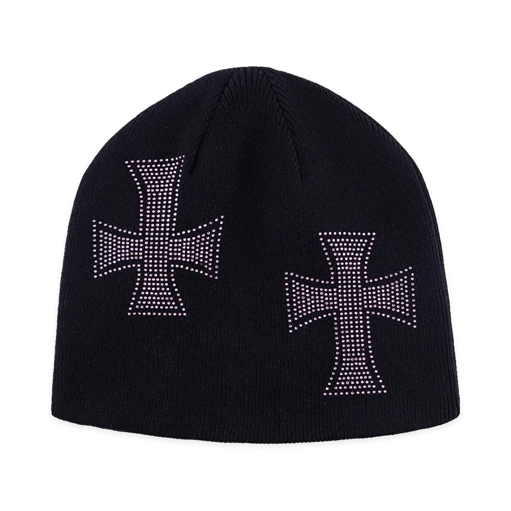 Unknown London Cross Rhinestone Beanie"Black/Pink"