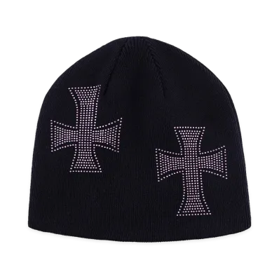 Unknown London Cross Rhinestone Beanie"Black/Pink"