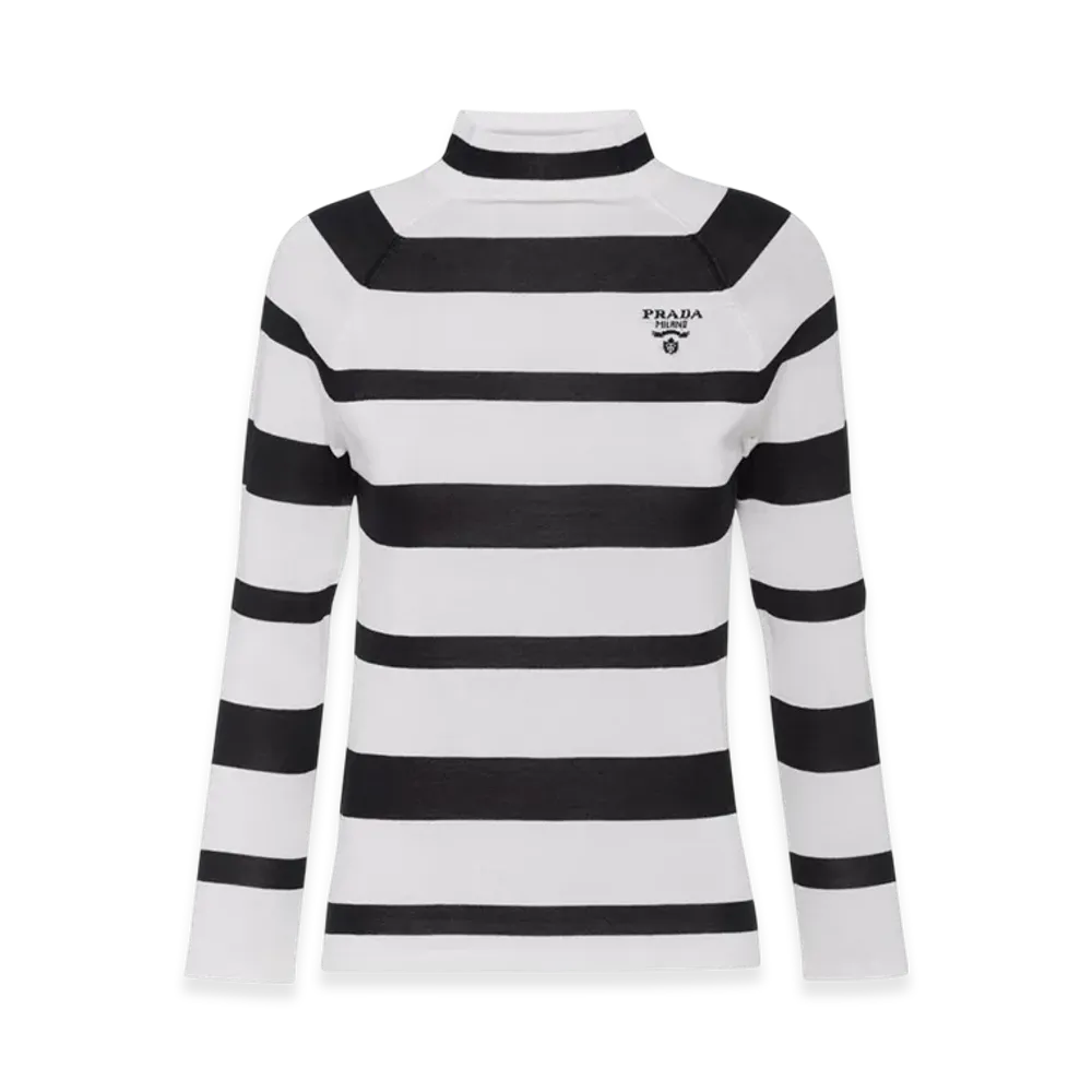 PRADA Women's Silk Cotton Mock Turtleneck "White/Black"