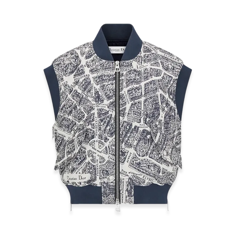 Dior Women's Vest Technical Taffeta Jacquard Plan Paris Motif "White/Navy Blue"