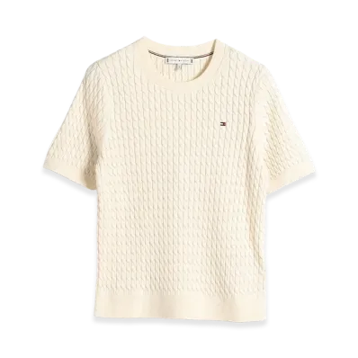 TOMMY HILFIGER Women's Cotton Cable Fine Gauge Crewneck S/S Sweater "Ivory"