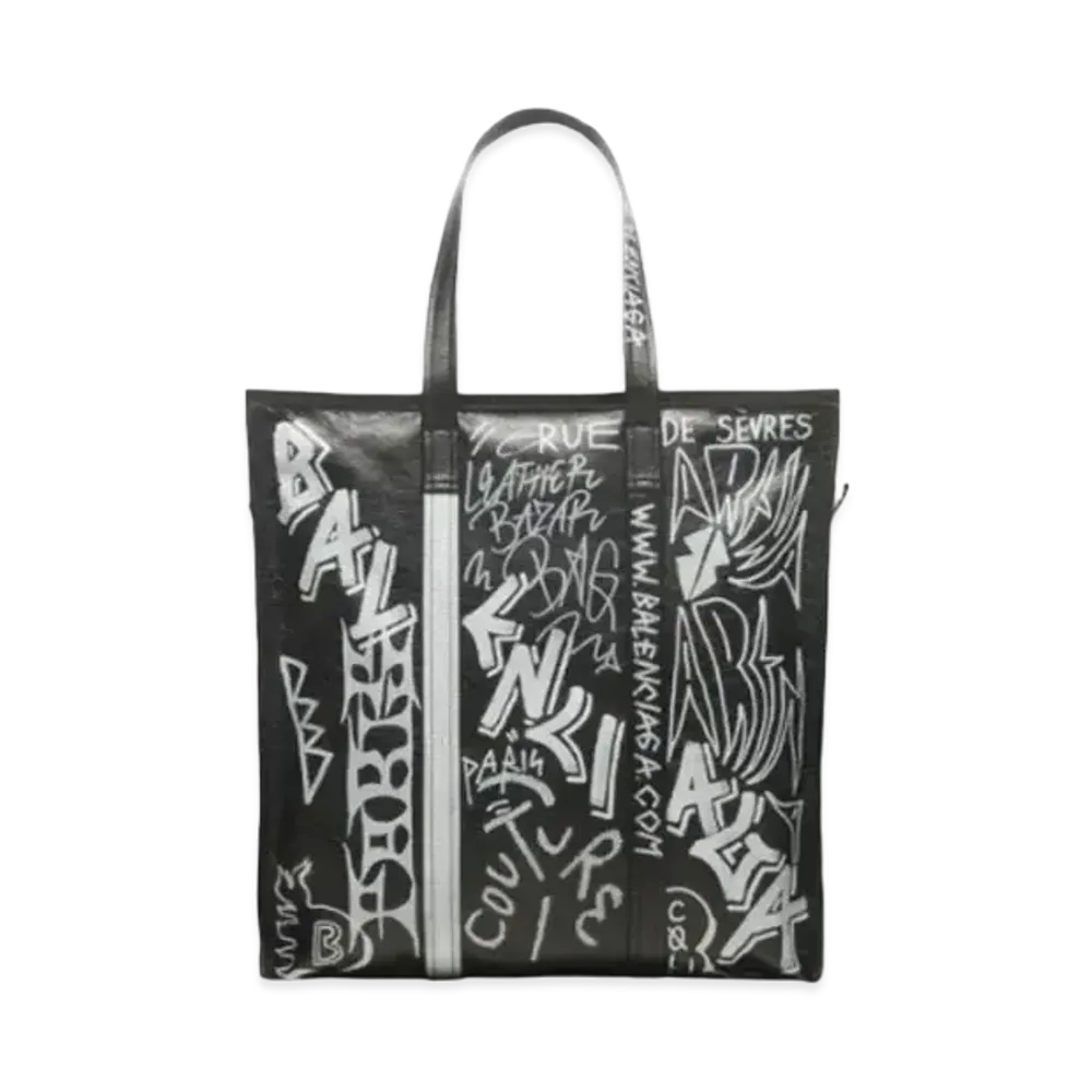 BALENCIAGA Bazaar Medium Graffiti Shopping Bag "White/Black"