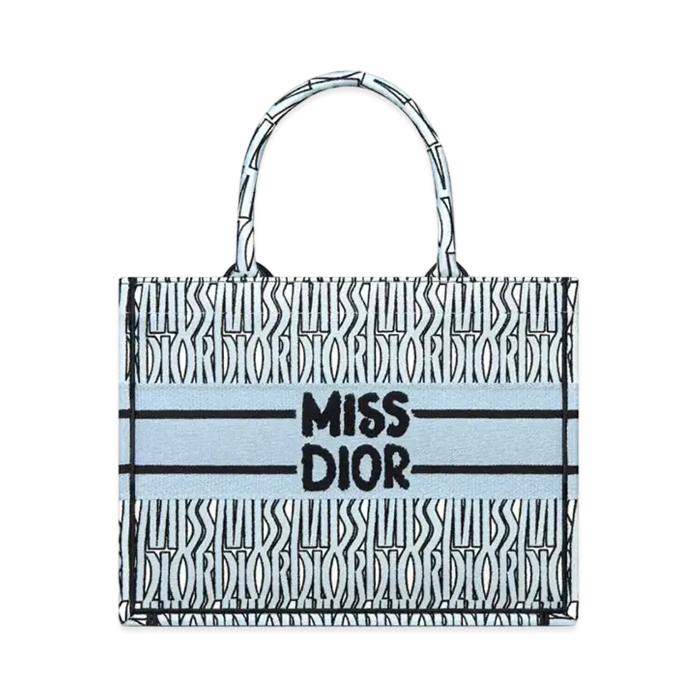Dior Medium Dior Book Tote and Miss Dior Allover Embroidery (36 x 27.5 x 16.5 cm) "Pail Blue/Black"