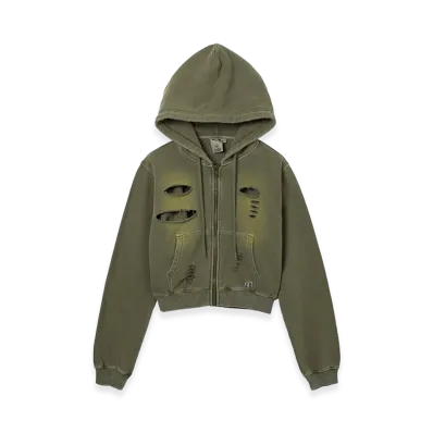 X-Girl Women's Distressed Zip Up Sweat Hoodie "Olive"