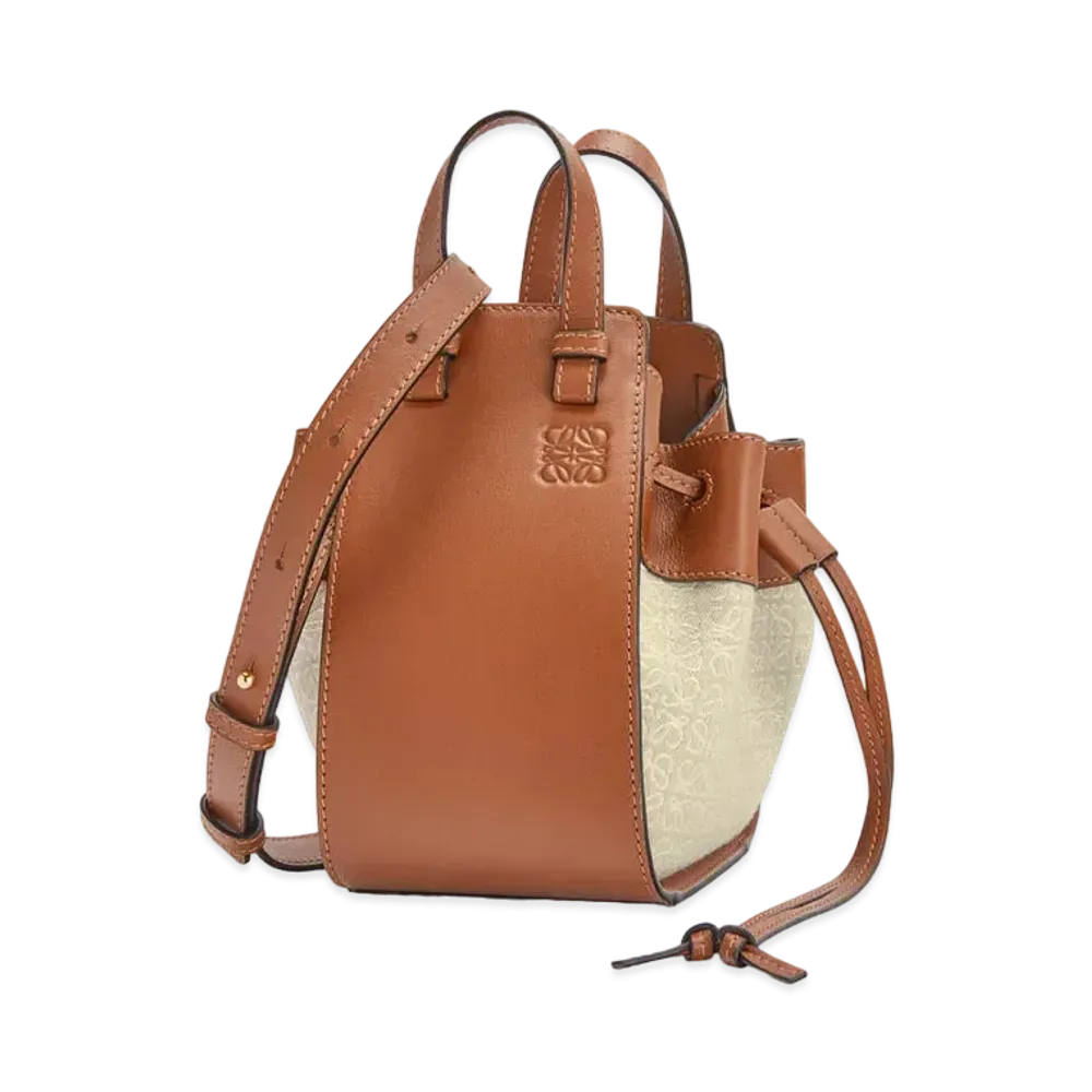 LOEWE Mini Hammock Drawstring Bag In Anagram Jacquard And Calfskin "Ecru/Tan"