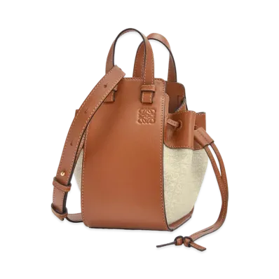 LOEWE Mini Hammock Drawstring Bag In Anagram Jacquard And Calfskin "Ecru/Tan"