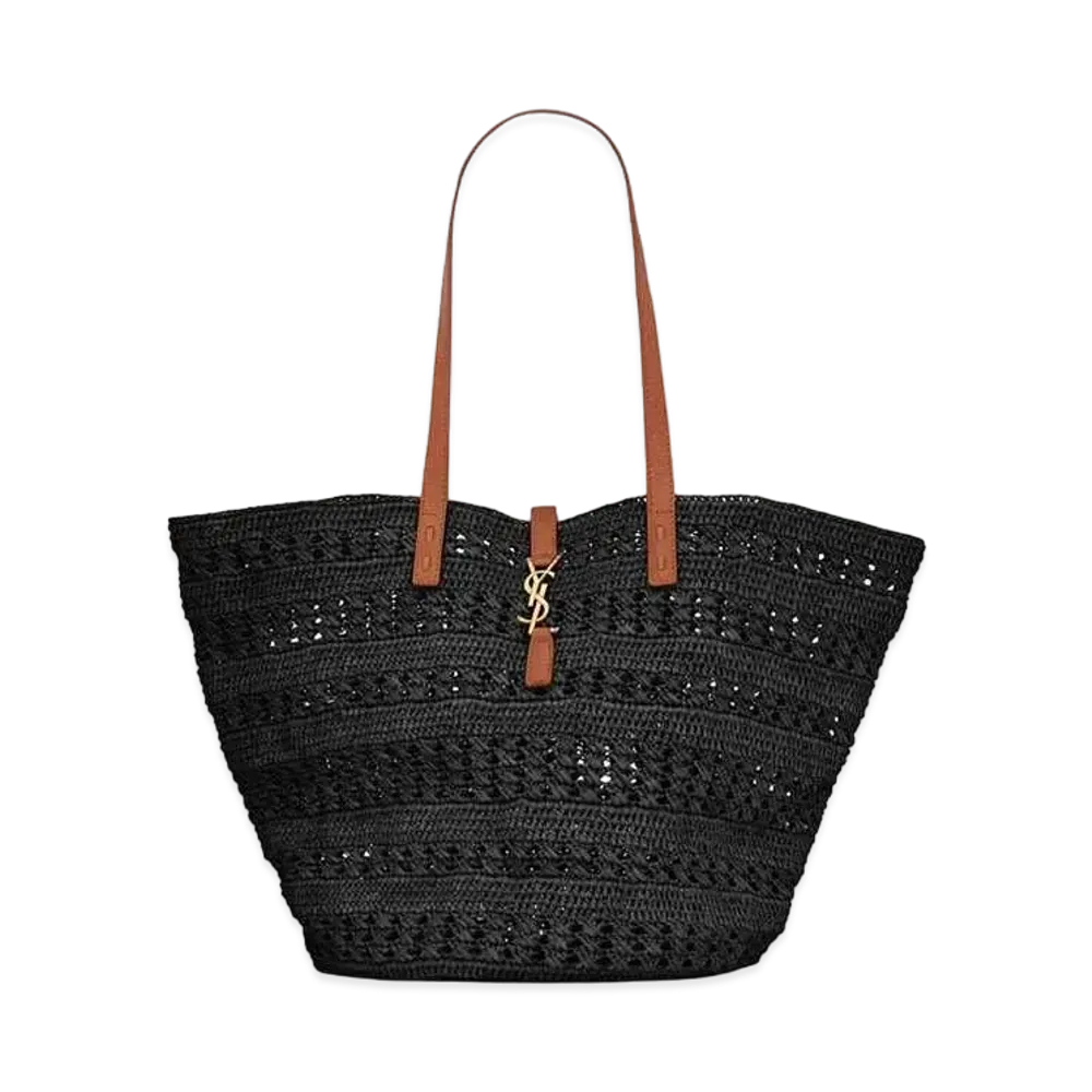 Saint Laurent Panier Medium Bag In Crochet Raffia And Smooth Leather "Noir"