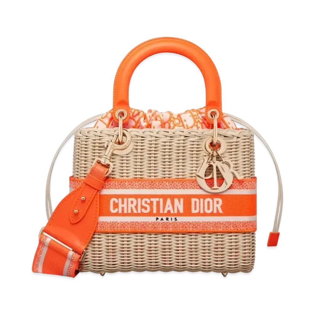 Dior Medium Lady Bag Natural Wicker Dior Oblique Jacquard "Fluorescent Orange"