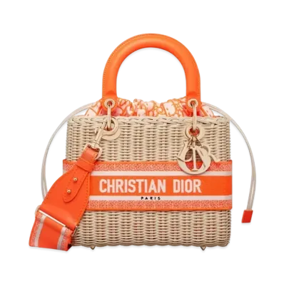 Dior Medium Lady Bag Natural Wicker Dior Oblique Jacquard "Fluorescent Orange"