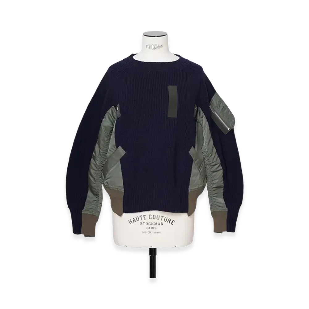 sacai Wool Knit x Nylon Twill Pullover "Navy"