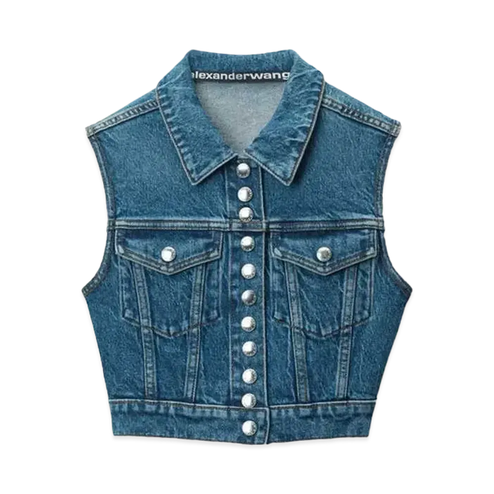 Alexander Wang Comfort Stretch Denim Cropped Trucker Vest "Deep Blue"