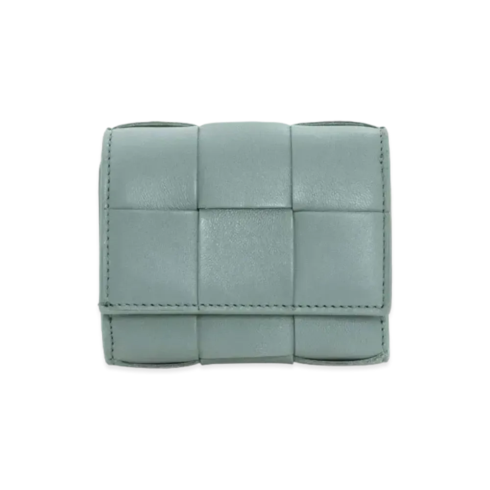 Bottega Veneta Casette Maxi Intrecciato Lambskin Calfskin Zip Trifold MIni Wallet "Sage Green"
