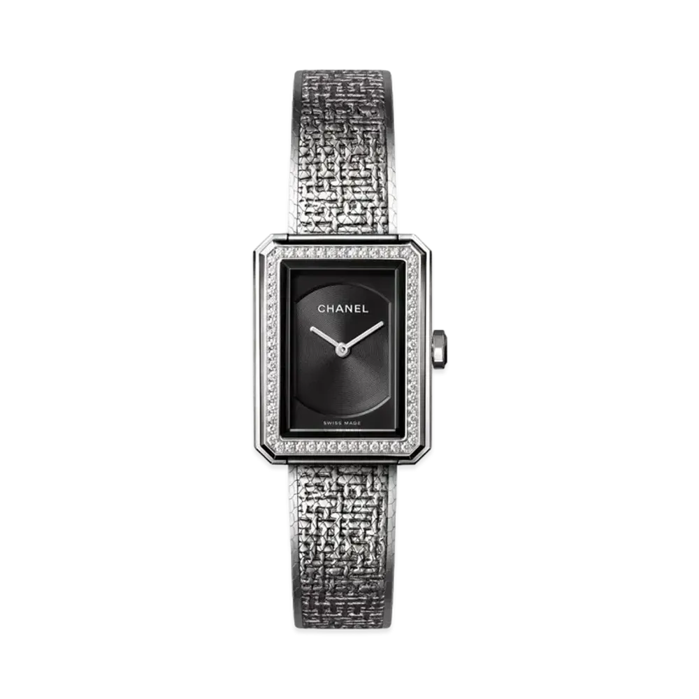 CHANEL Boyfriend Bezel Diamonds Stainless Steel Tweed "Black"