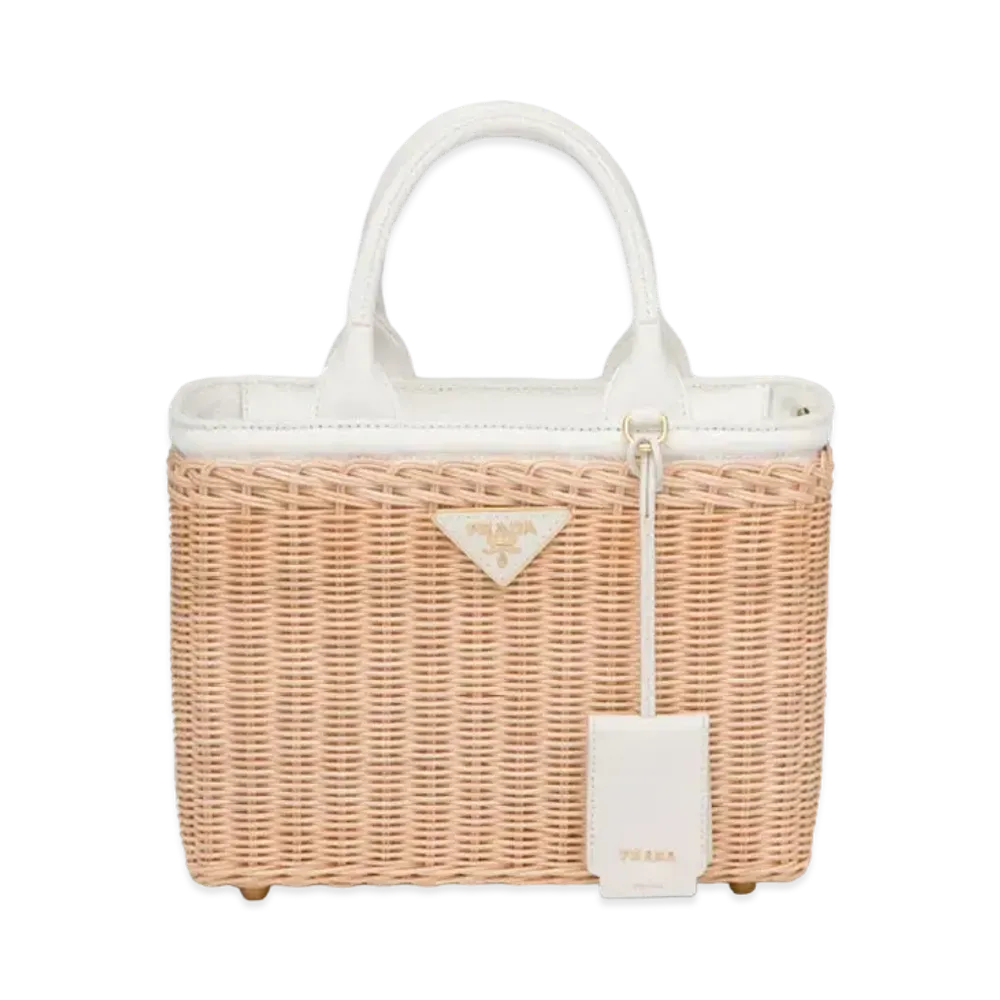 PRADA Wicker & Canvas Tote Bag "Beige/White"