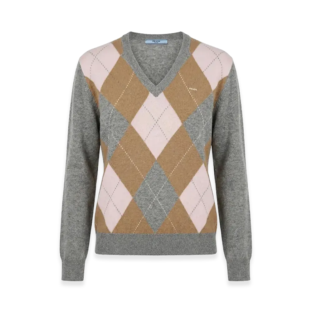PRADA Women's Argyle-Pattern V-Neck Cashmere Sweater "Gray/Beige/Pink"