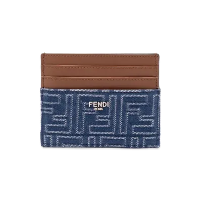FENDI Leather And Denim-Effect FF Jacquard Card Holder "Blue"