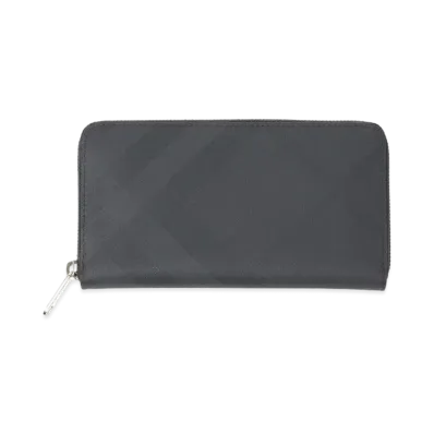 Burberry London Check and Leather Ziparound Wallet "Dark Charcoal"