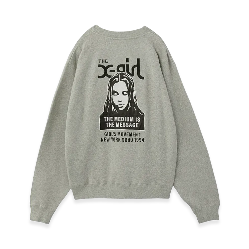 X-Girl Women's Face Patch And Logo Crewneck Sweat Top "Ash"