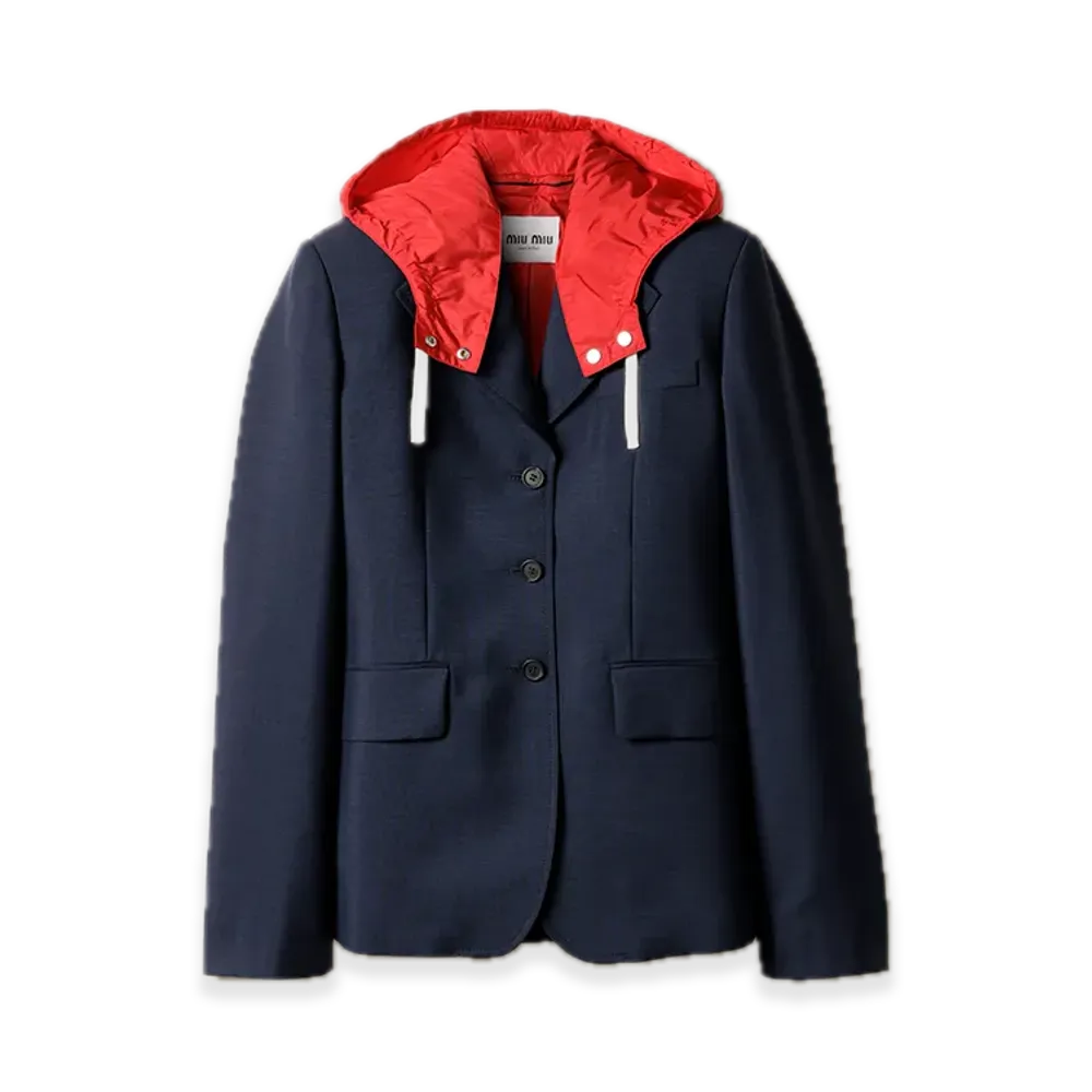 MIU MIU Double-Breasted Kid Mohair/Technical Pongee Jacket "Navy"