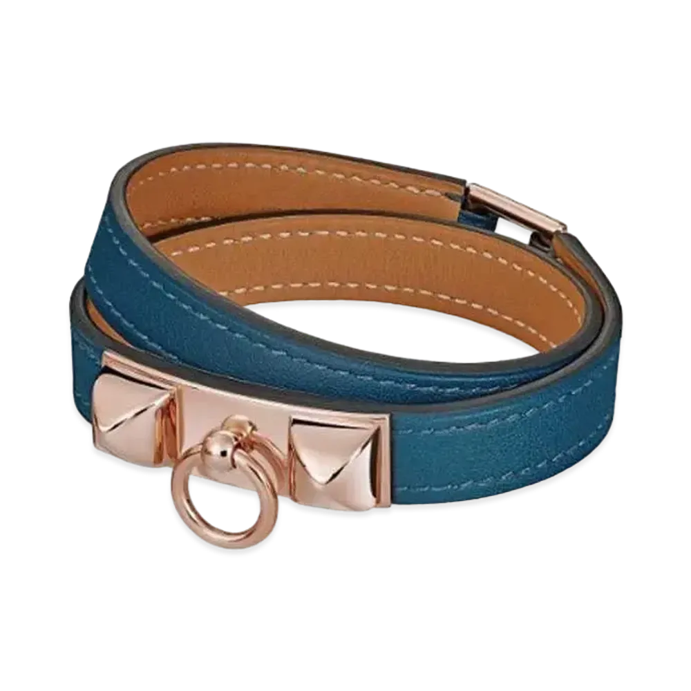 Hermes Rivale Leather Bracelet "Bleu/Pink Gold"