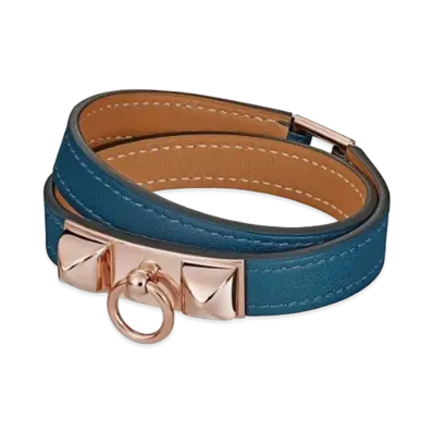 Hermes Rivale Leather Bracelet "Bleu/Pink Gold"
