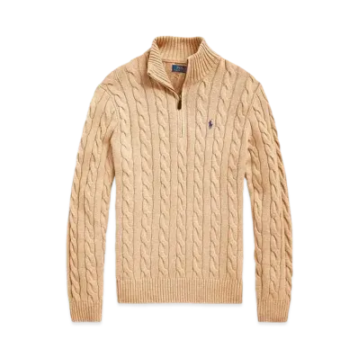 Polo Ralph Lauren Cable-Knit Cotton Quarter-Zip Sweater "Brown"