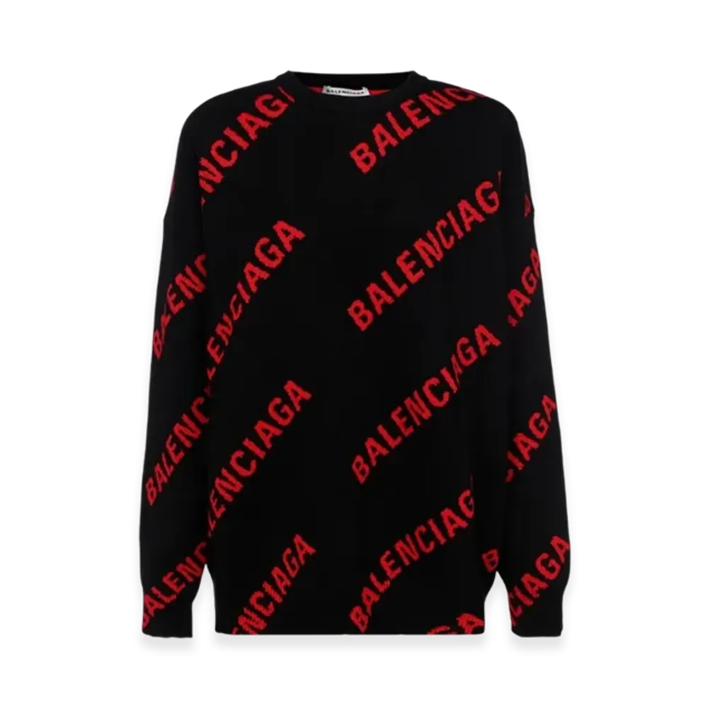 BALENCIAGA Women's Allover Logo Crewneck Knit "Black Red"