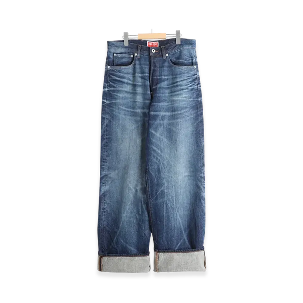 KENZO Turn Up Wide Fit Jeans "Stone Bleached Dirty Blue Denim"