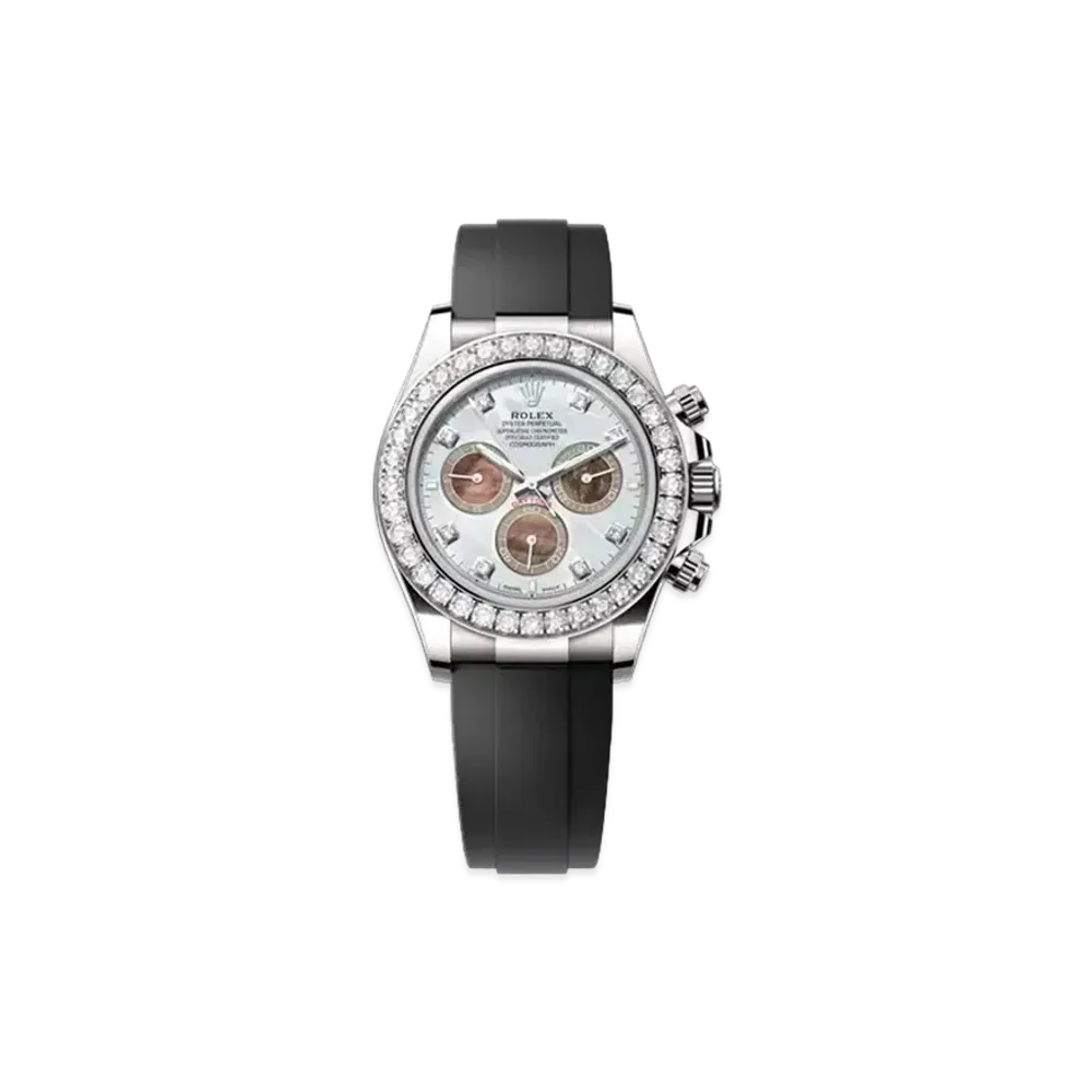 ROLEX Cosmograph Daytona 40mm Oyster Perpetual Diamonds Bezel Oysterflex Bracelet "White Gold/White&Black Mother of Pearl" 126589RBR