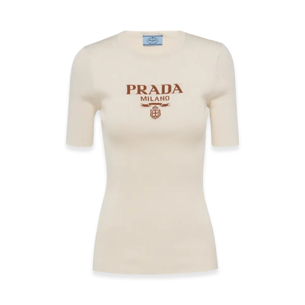 PRADA Women's Silk Crewneck Sweater with Logo "Ivory"