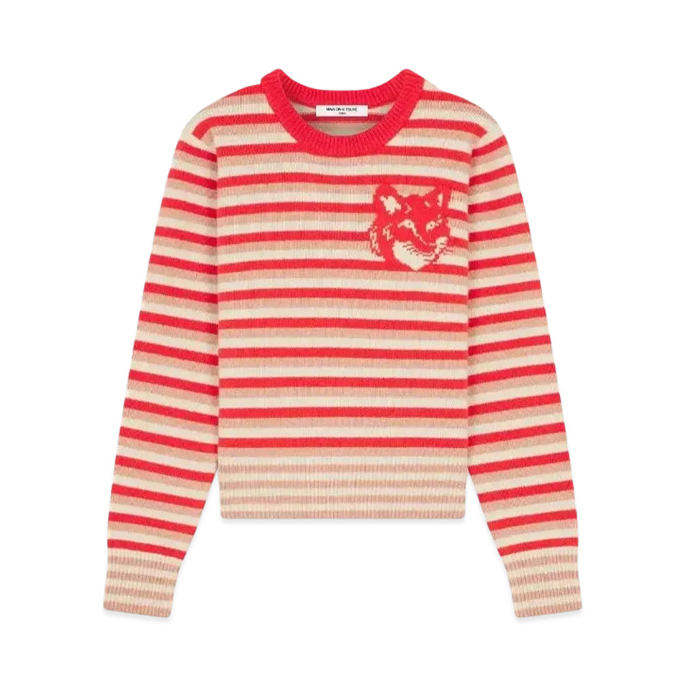 Maison Kitsune Fox Head Intarsia Stripe Regular Jumper "Strawberry/White"