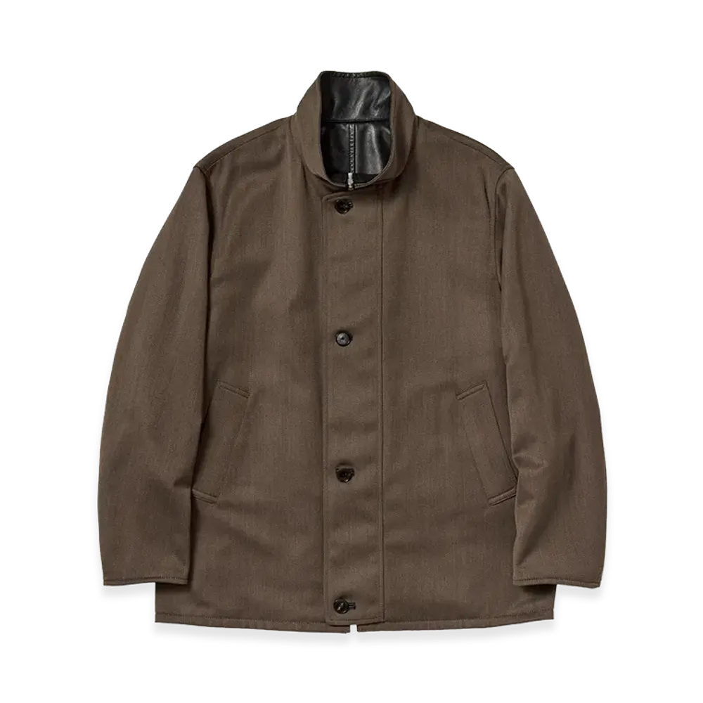AURALEE Women's Reversible Wool Twisted Twill / Sheep Leather Half Coat "Brown Chambray/Black"