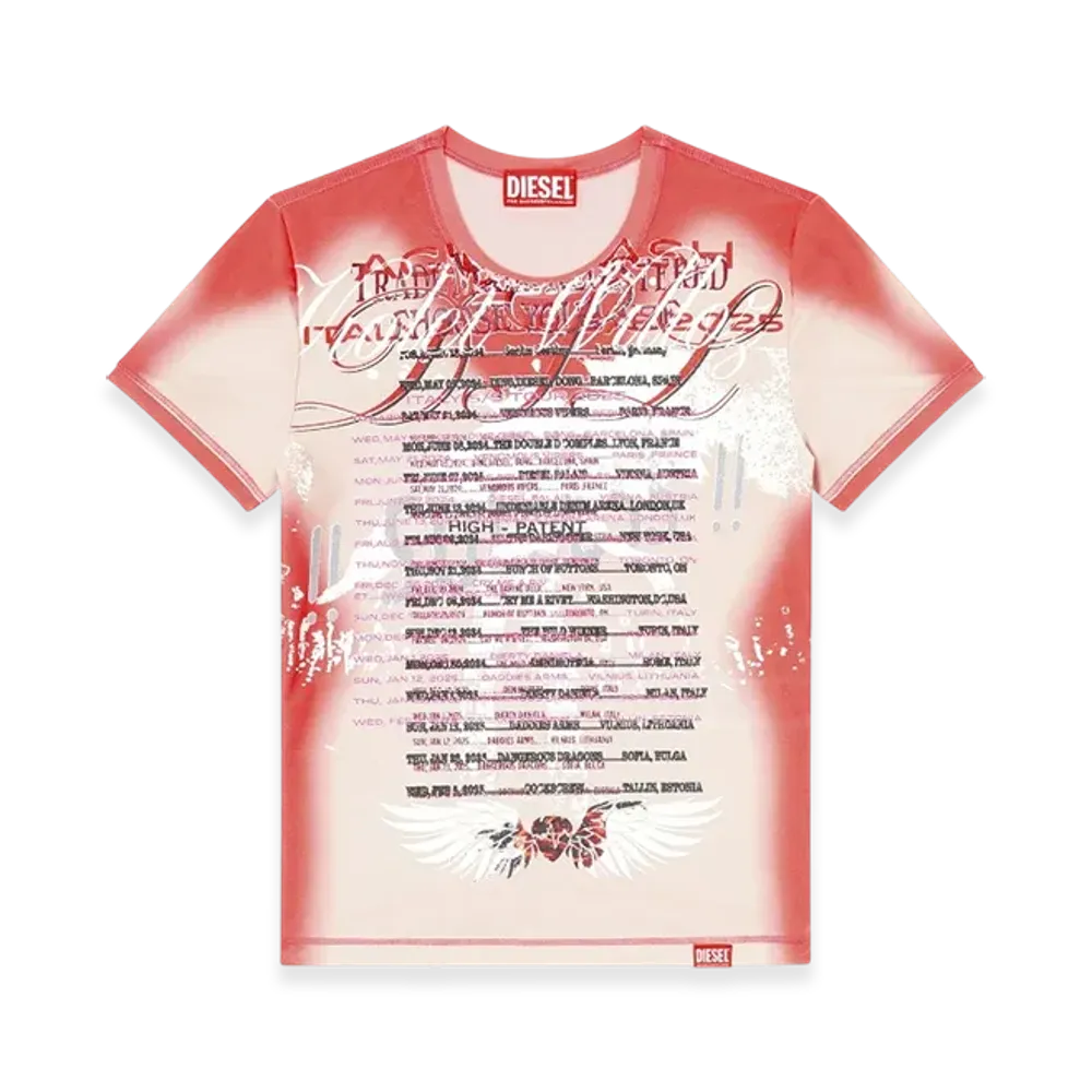 Diesel T-Kalyc-1 Sheer T-Shirt With Lyrics Print "Pink White"