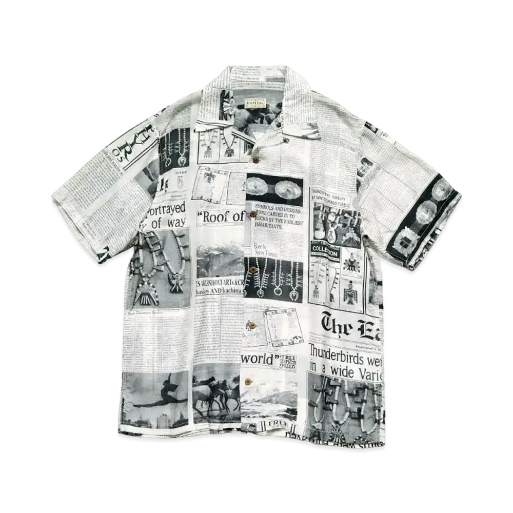 KAPITAL Silk Rayon Pueblo News Paper Aloha Shirt "White"
