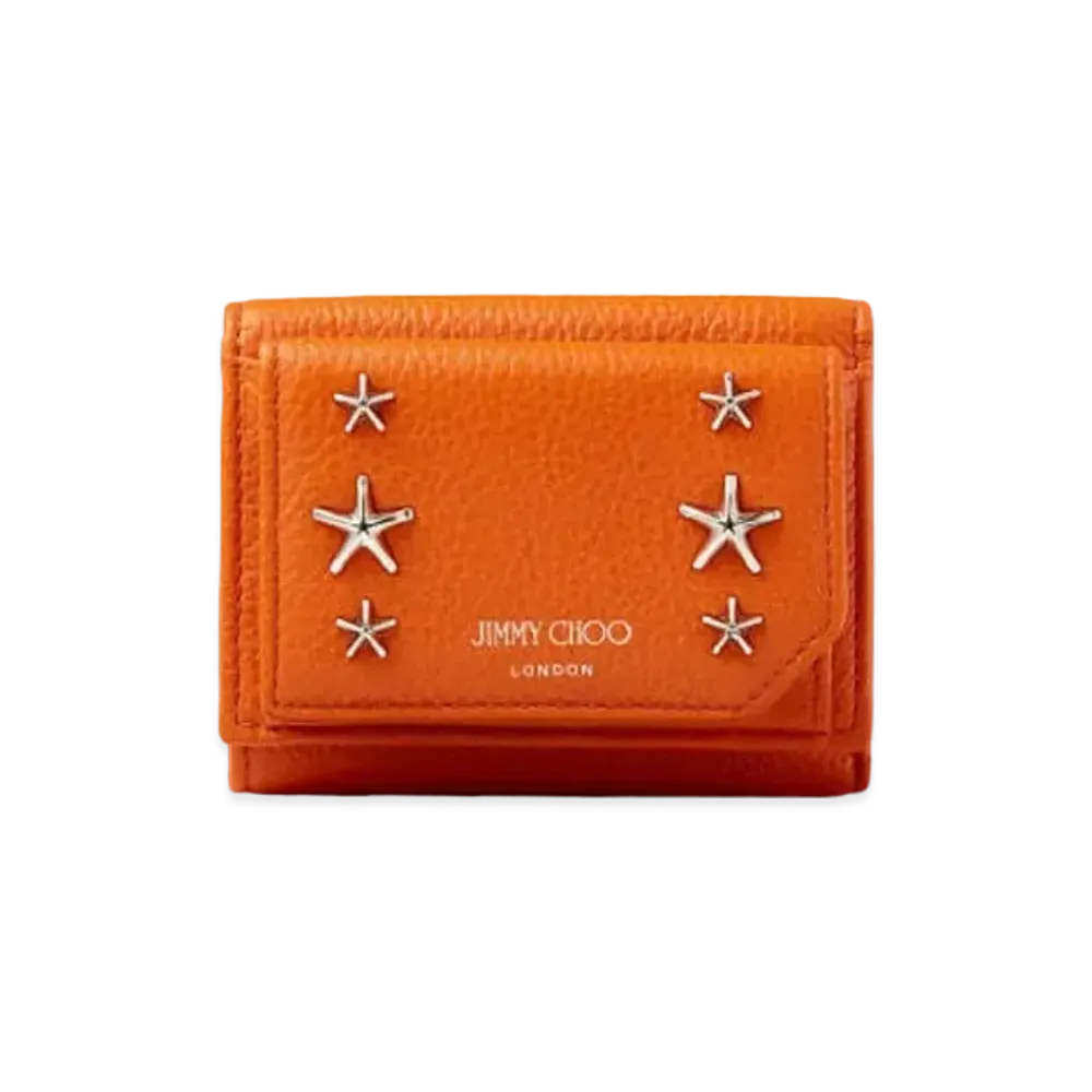 JIMMY CHOO BEALE Soft Grainy Calf Leather Wallet With Star Studs "Amber Orange"