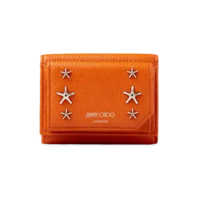 JIMMY CHOO BEALE Soft Grainy Calf Leather Wallet With Star Studs "Amber Orange"
