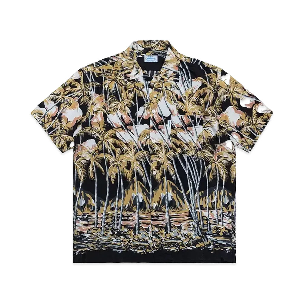 SubCulture Vintage Style Aloha Shirt Island Sunset Palm "Black"