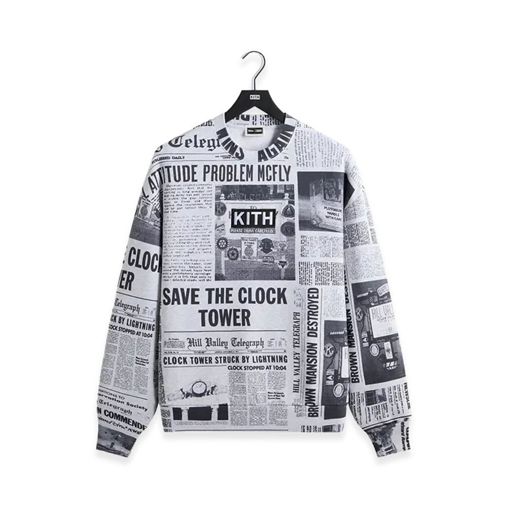 Kith x Back to the Future Newspaper All-Over Printed Nelson Crewneck "Light Heather Grey"