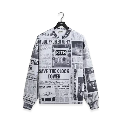 Kith x Back to the Future Newspaper All-Over Printed Nelson Crewneck "Light Heather Grey"