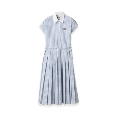 MIU MIU Pleated Stripe Poplin Midi Dress "Dark Brown/Navy/Off-White"