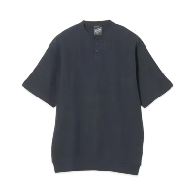 BEAMS Waffle Henley Neck Tee "Navy"