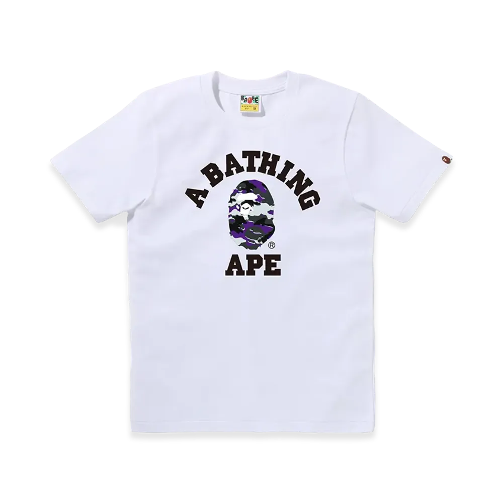 A BATHING APE Women's Glitch Woodland Camo College Tee "White/Purple"