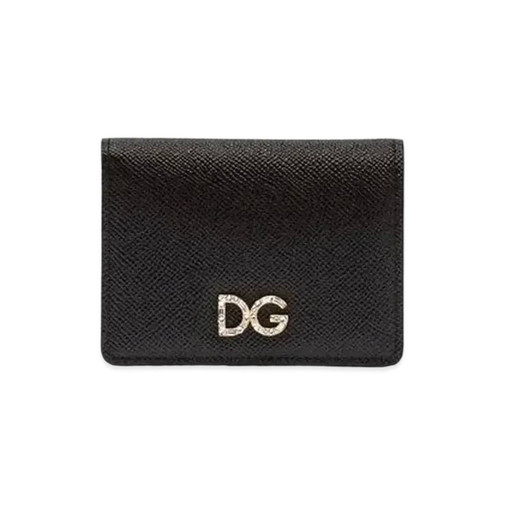 Dolce&Gabbana Card Holder Laminate Dauphine Calfskin Logo Crystal "Black"