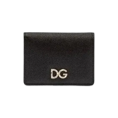 Dolce&Gabbana Card Holder Laminate Dauphine Calfskin Logo Crystal "Black"