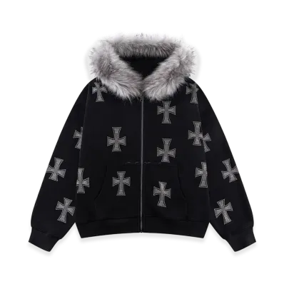 Unknown London Allover Cross Rhinestone Faux Fur Zip Hoodie "Black/Silver "