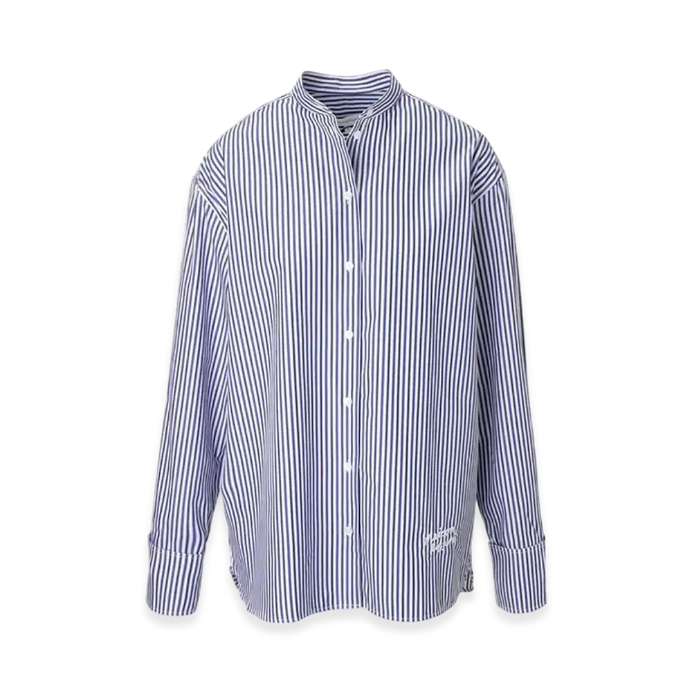 Maison Kitsune Oversize Shirt In Striped Cotton With Logo Handwriting Embroidery "Blue/Navy"