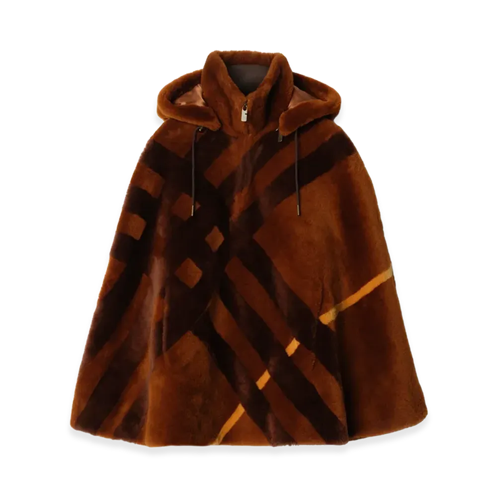Burberry Women's Check Intarsia Shearling Cape "Ginger Brown"