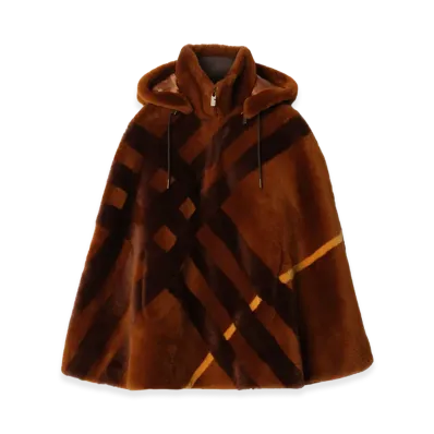 Burberry Women's Check Intarsia Shearling Cape "Ginger Brown"